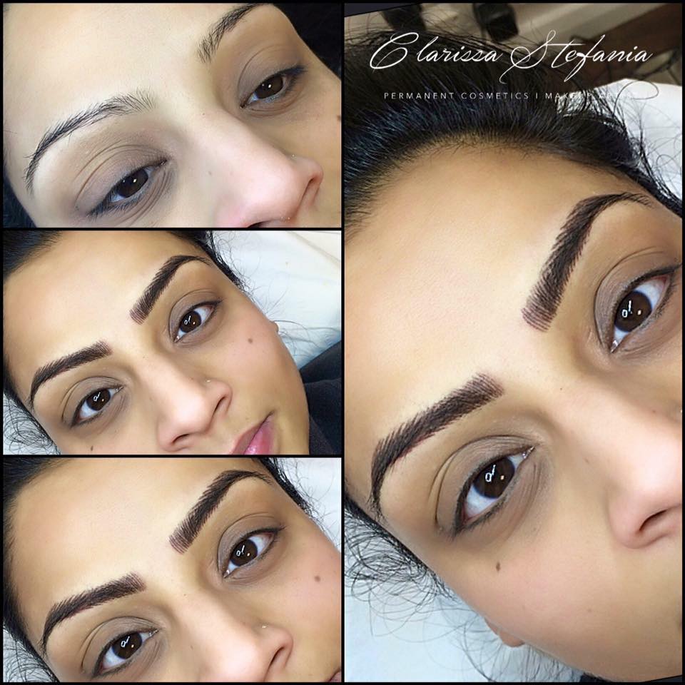 Collage showing before and after transformation using Dark Toffee from the Li Pigments Aqua collection by PMU artist Clarissa Stefania. The healed brows display a smooth, medium-brown tone with soft depth and realistic hair-stroke detailing.