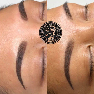 Before and after comparison of brows using Dark Toffee from the Li Pigments Aqua collection, created by Girlz Ink Studio Artist Amber Guthery. The pigment delivers a deep medium-brown tone with soft warmth for natural, long-lasting healed results.