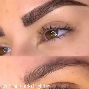 Before and after close-up of brows enhanced with Dark Toffee from the Li Pigments Aqua collection. Created by PMU artist Jessika Brigginshaw, this pigment provides a smooth, medium-to-dark brown tone ideal for clients seeking dimension and long-lasting definition