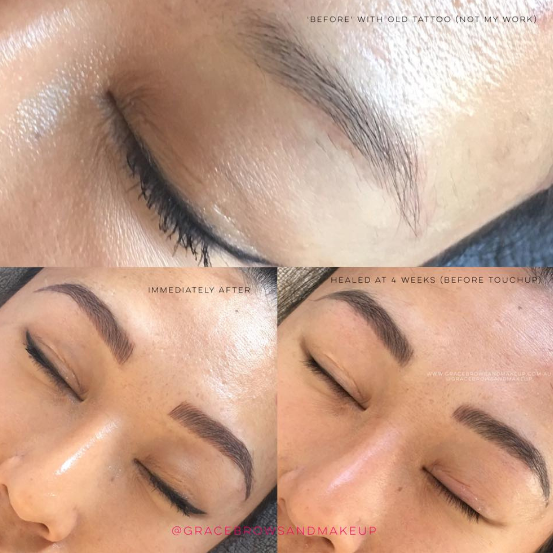 Before, after, and healed comparison of a brow correction and tattoo using Eboni Express from the Li Pigments Aqua collection by artist Grace Broome. The pigment delivers a smooth, cool dark brown tone ideal for color correction and creating even, healed permanent brows.