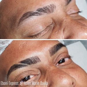 Before and after comparison of a men’s brow transformation using Eboni Express from the Li Pigments Aqua collection by artist Helen Marie Davila. This pigment delivers a rich, cool dark brown-black tone ideal for creating bold, natural-looking men’s permanent brows.