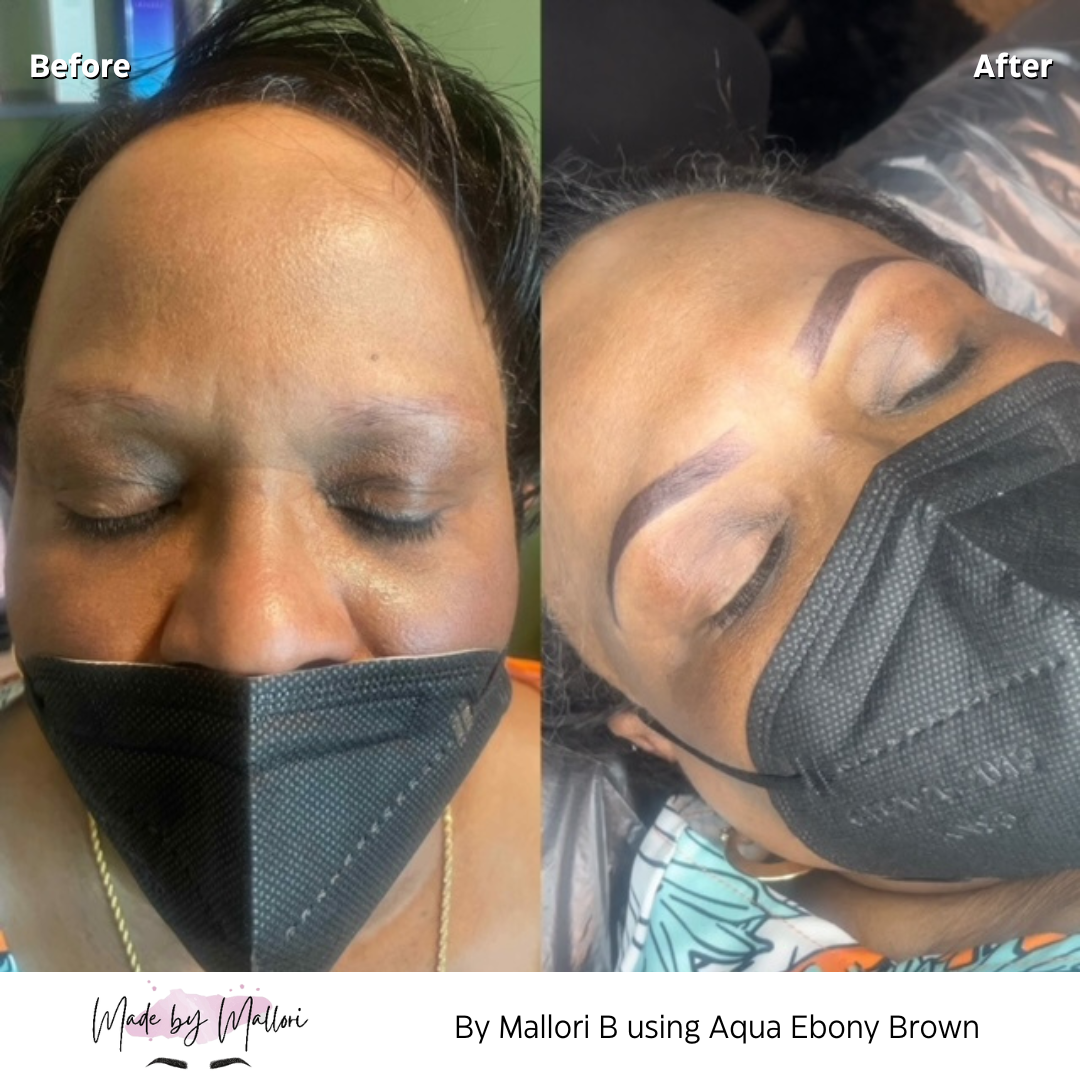 Before and after photo showing Aqua Ebony Brown on a client with dark skin, performed by Mallori B.