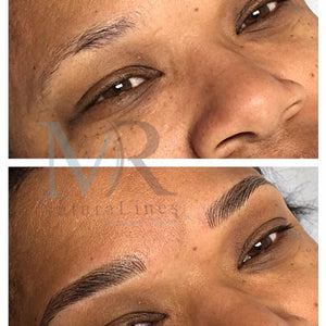 Before and after comparison showing a client’s brow transformation using Ebony Brown pigment from the Li Pigments Aqua line, work by PMU artist Mary Ritcherson demonstrating rich color payoff, smooth implantation, and realistic healed results.
