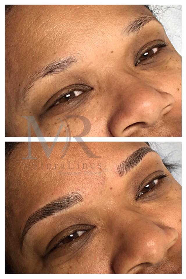 Before and after comparison showing a client’s brow transformation using Ebony Brown pigment from the Li Pigments Aqua line, work by PMU artist Mary Ritcherson demonstrating rich color payoff, smooth implantation, and realistic healed results.