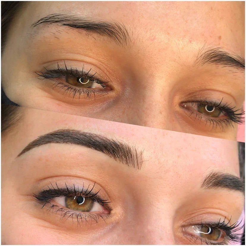 Before and after of ombre brows created with Espresso and Gray Vanish pigments by Brow Boutique, showing soft healed color and defined shape