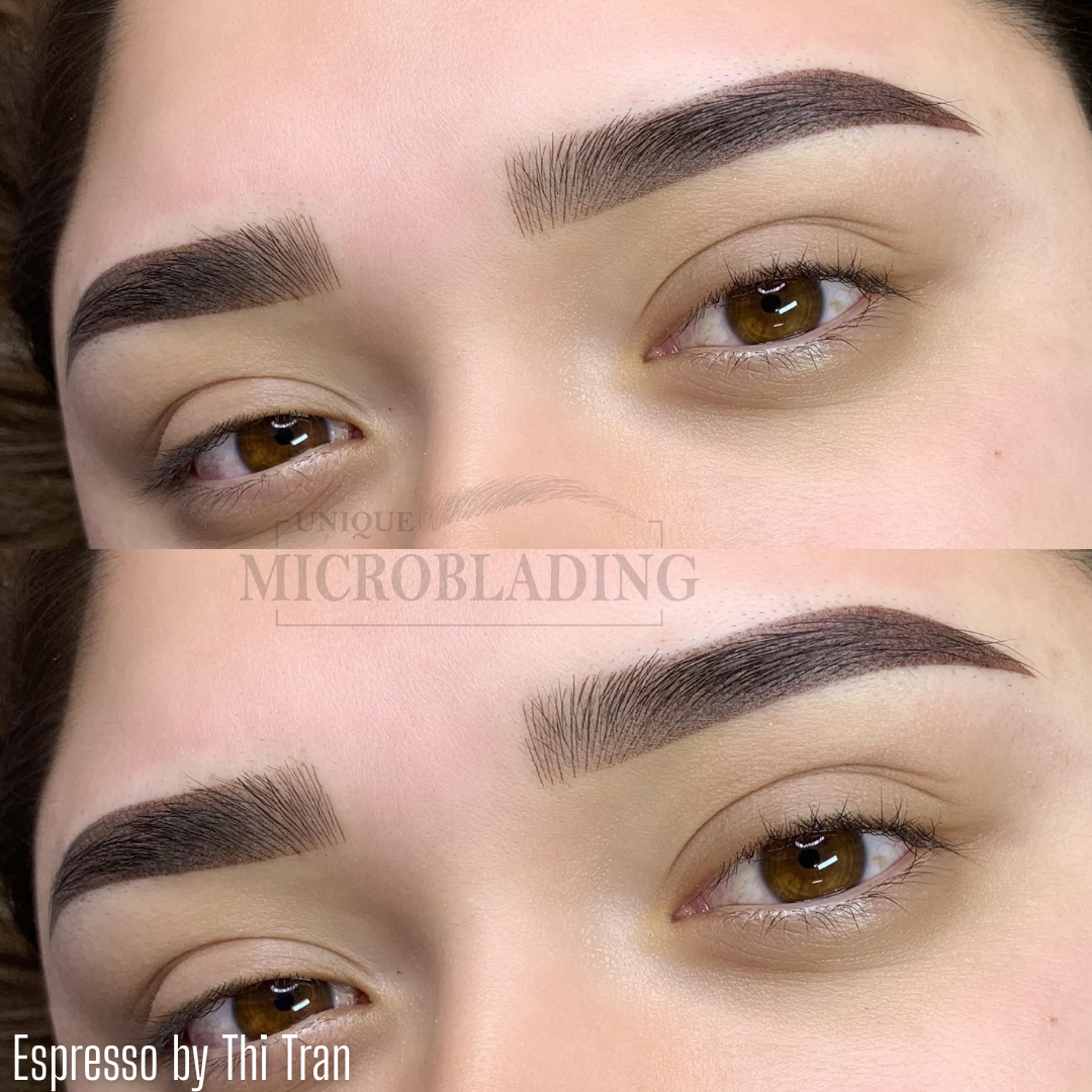 Close-up of healed microblading results created with Espresso from the Li Pigments Aqua collection by artist Thi Tran. The pigment delivers a deep, cool dark brown tone ideal for brunettes seeking bold yet natural-looking brows.