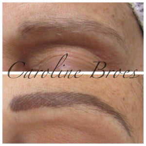 Soft natural-looking brows created with Yellow Gold, Mochaccino, and Autumn Gold pigments by Caroline Broes.