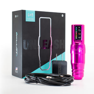 Flux S wireless permanent makeup machine in bright pink by Microbeau, displayed with box, charger, and cable on a white background. Cordless PMU device for professional artists.