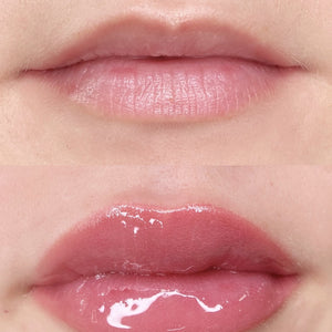 Comparison of lips before and after applying glossed aftercare following a permanent makeup lip procedure.