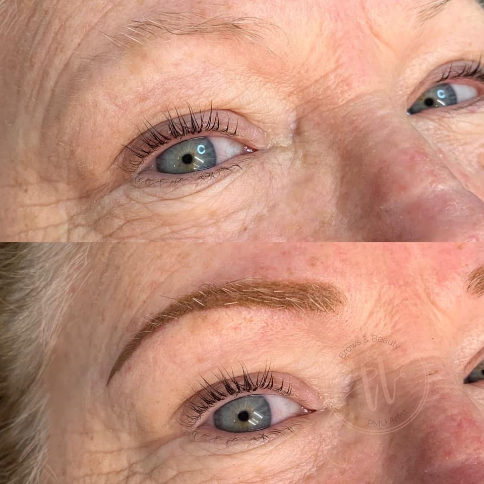 Healed permanent makeup brows created using Li Pigments Beautiful Blonde by Tara Turner, showing soft, natural color results on a fair-skinned client.