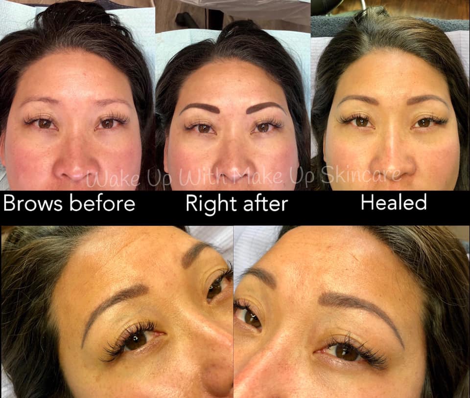 Before, after, and healed results of permanent makeup brows created using Li Pigments Cashmere and Soft FX by Jenean Rawson, showing natural healed color and definition.