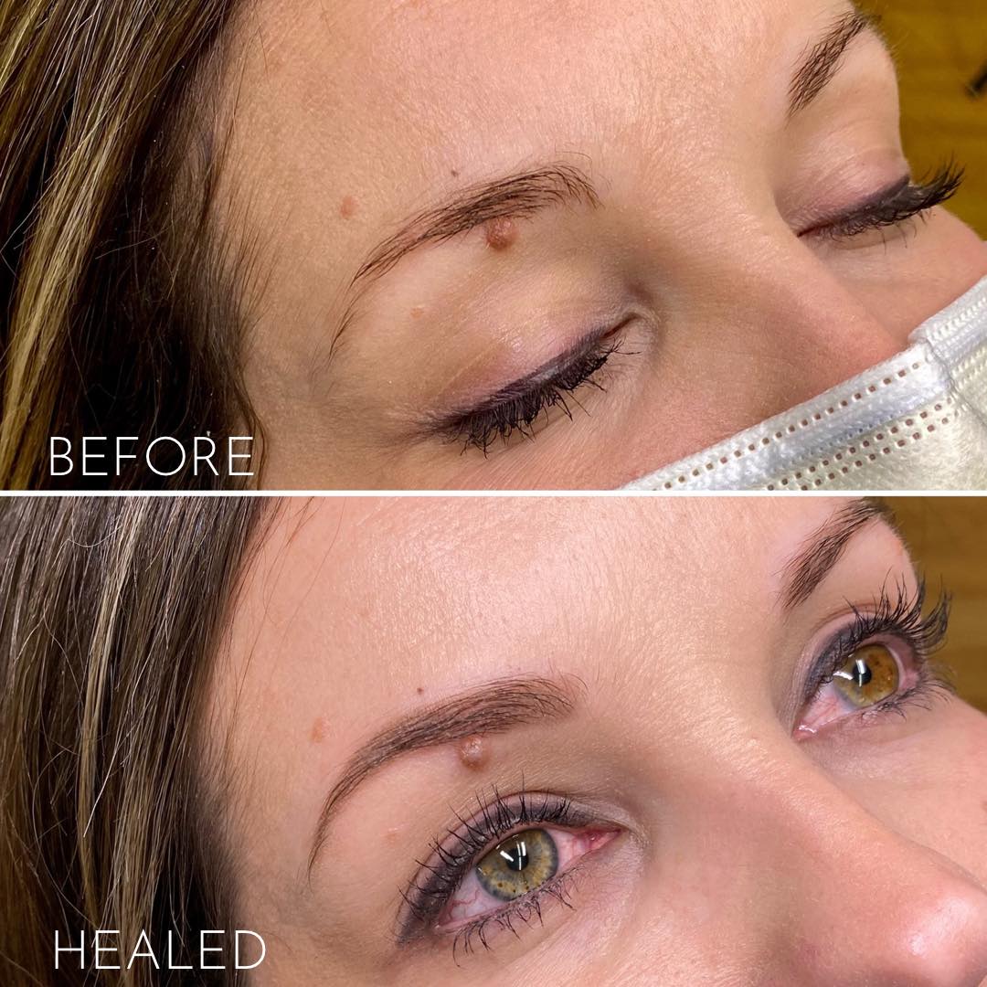 Before and healed results of permanent makeup brows created using Li Pigments Classic Brown by Britt Lee Gaug, showing natural medium brown color with soft definition.