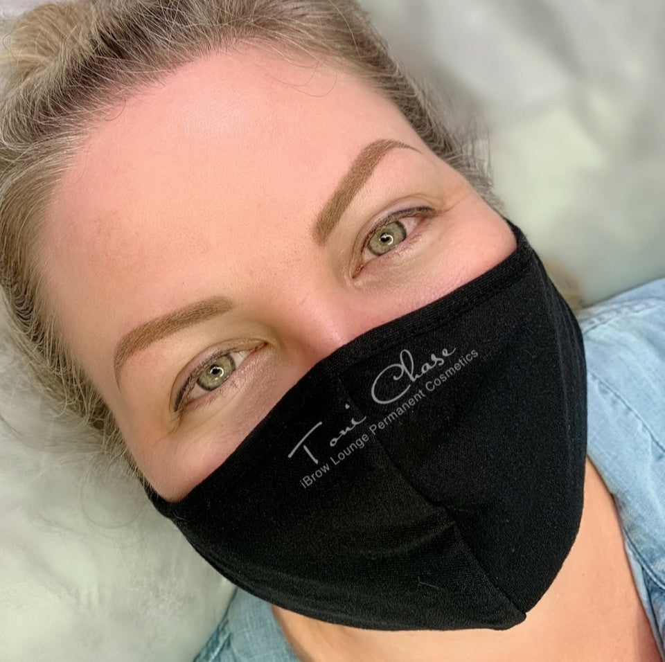 Healed PMU brows using Li Pigments Taupe by Brow Lounge SR, showing soft neutral tones ideal for blonde clients with fair skin.