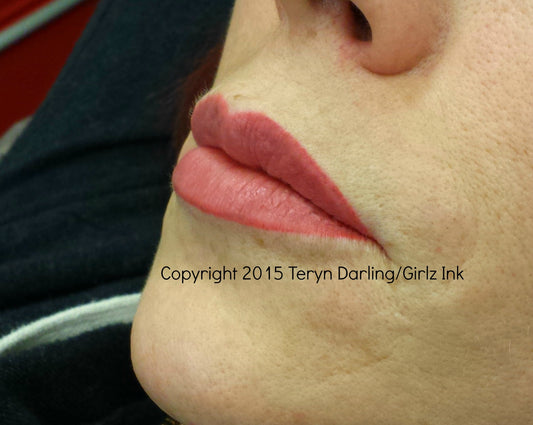 Healed lip tattoo result using Berry Persistent pigment by Teryn Darling.