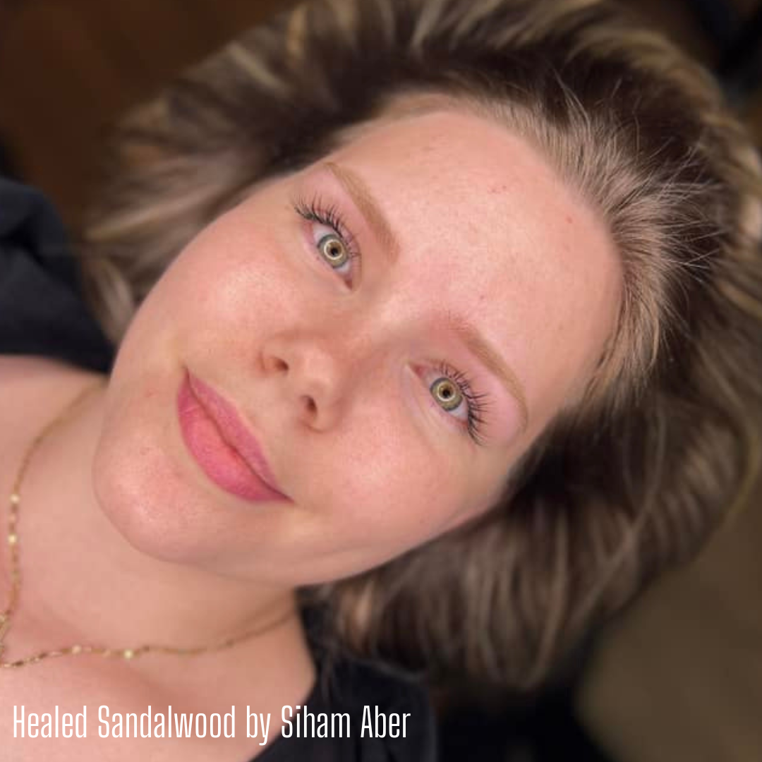 Healed result of blonde eyebrows created with Sandalwood from the Li Pigments Aqua collection by Siham Aber. The pigment heals to a soft golden tone that complements fair and neutral skin tones for natural-looking PMU brows.