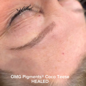Healed soft neutral brown eyebrow using OMG Coco Teese PMU pigment, showing natural retention and gentle shading.