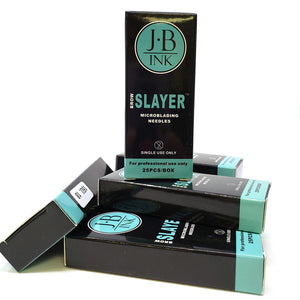J.B. Ink Brow Slayer Microblading Needles 25-Pack – professional disposable PMU blades for crisp, natural brow strokes. Made from surgical stainless steel, EO sterilized, single-use, and individually packaged for precise, hygienic microblading performance.
