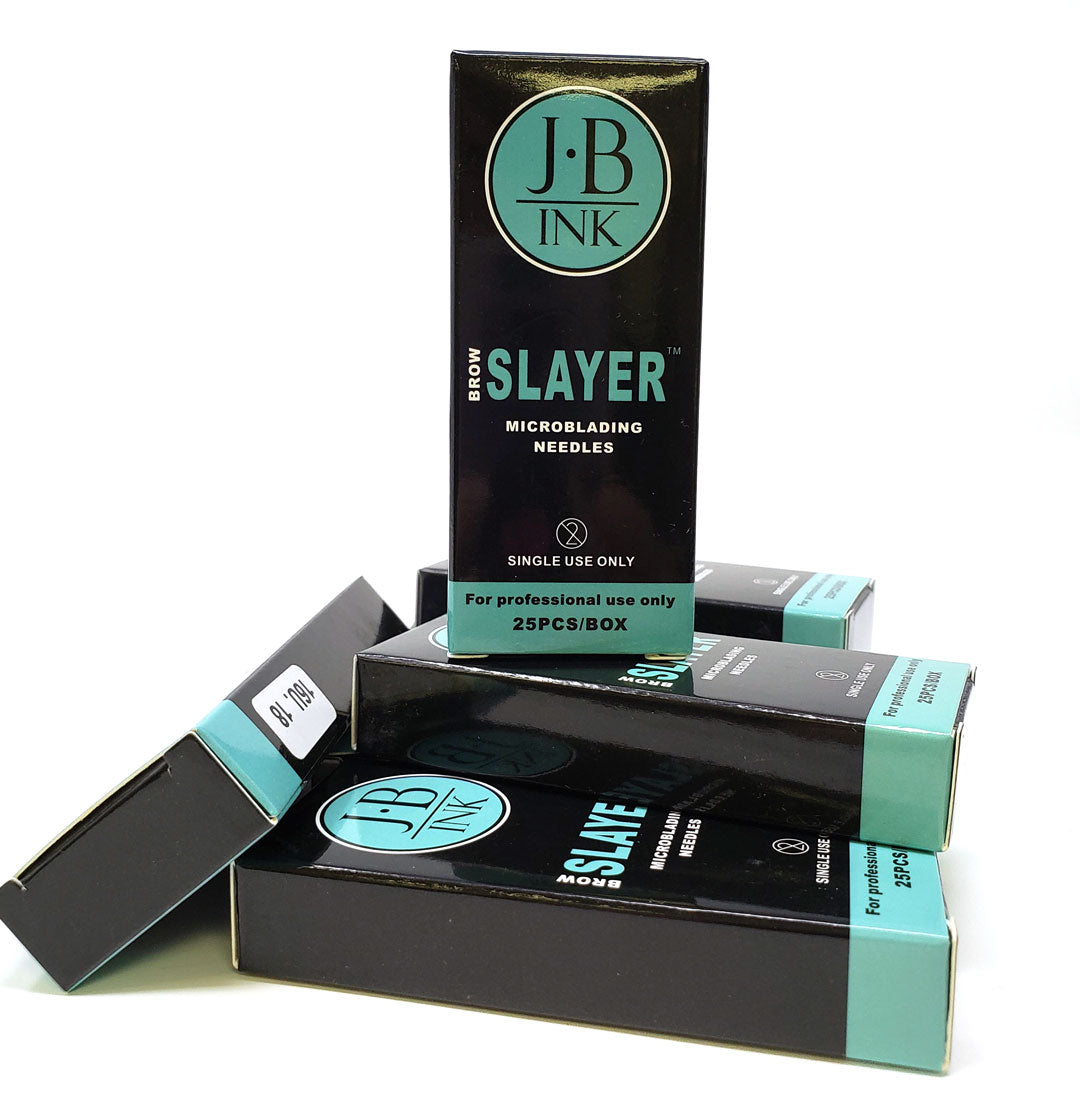 J.B. Ink Brow Slayer Microblading Needles 25-Pack – professional disposable PMU blades for crisp, natural brow strokes. Made from surgical stainless steel, EO sterilized, single-use, and individually packaged for precise, hygienic microblading performance.

