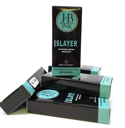 J.B. Ink Brow Slayer Microblading Needles 25-Pack – professional disposable PMU blades for crisp, natural brow strokes. Made from surgical stainless steel, EO sterilized, single-use, and individually packaged for precise, hygienic microblading performance.
