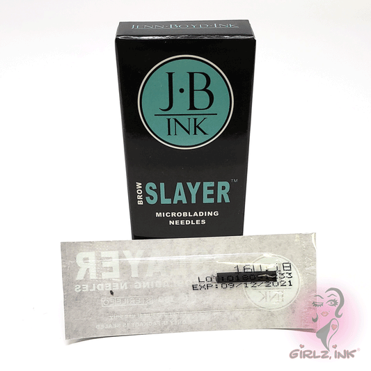J.B. Ink Brow Slayer Microblading Needles – premium disposable blades for PMU artists designed to create crisp, natural hair strokes with precision and minimal skin trauma. EO sterilized and individually packaged for safe, professional use.
