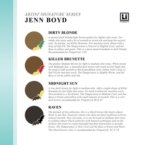 Jenn Boyd Artist Signature Series pigment chart by Li Pigments, displaying Dirty Blonde, Killer Brunette, Midnight Sun, and Raven brow shades with undertone guidance.