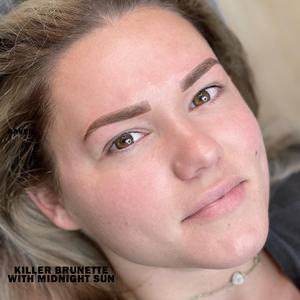 Healed permanent makeup brows using Midnight Sun pigment, creating a rich killer brunette brow color with smooth saturation and crisp shape.
