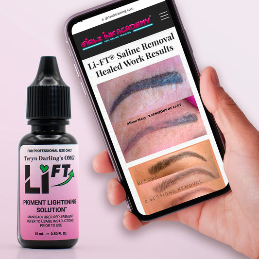 Li-FT Pigment Lightening Solution bottle shown beside a smartphone displaying healed saline removal results from the Girlz Ink Academy website, promoting PMU removal education and supplies.