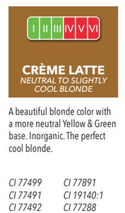 Color swatch for Li Pigments Aqua Crème Latte, a neutral to slightly cool blonde pigment with a balanced yellow and green base. Inorganic formula designed for soft, natural blonde results in permanent makeup applications.