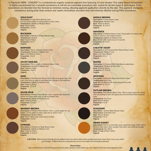 Li Pigments Loaded pigment guide showing brow color swatches, undertones, and shade recommendations for permanent makeup artists