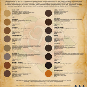 Li Pigments Loaded Pigment Guide showing eyebrow pigment color swatches and shade descriptions.