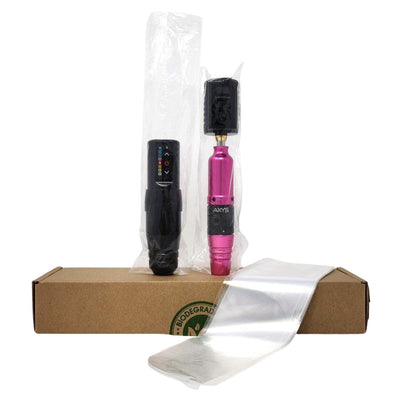 Girlz Ink disposable tattoo machine sleeves with rotary machines shown inside clear protective plastic sleeves.