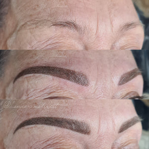 Healed PMU straight brows created with Mochaccino pigment on mature skin.