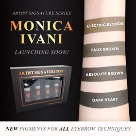 Monica Ivani Artist Signature Series pigment box featuring Electric Blonde, Faux Brown, Absolute Brown, and Dark Heart shades.