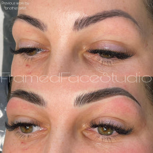 Before and after photo of a client’s brows corrected and enhanced using Navajo Brown pigment from the Li Pigments Aqua collection, work by PMU artist Brittany Burr at Framed Face Studio showing soft neutral brown tone and balanced healed results
