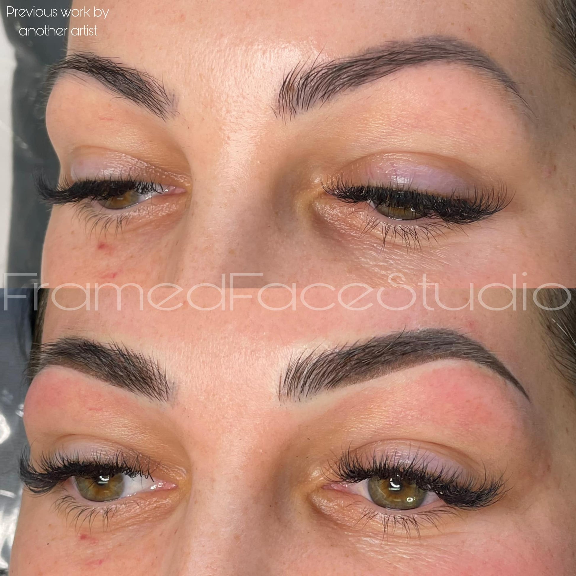 Before and after photo of a client’s brows corrected and enhanced using Navajo Brown pigment from the Li Pigments Aqua collection, work by PMU artist Brittany Burr at Framed Face Studio showing soft neutral brown tone and balanced healed results