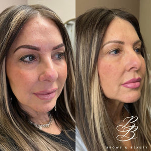 Before and after comparison of a client’s brows enhanced using Navajo Brown pigment from the Li Pigments Aqua collection, work by PMU artist Kristen Thomas at Brows & Beauty showing warm-to-neutral brown healed results and improved symmetry.