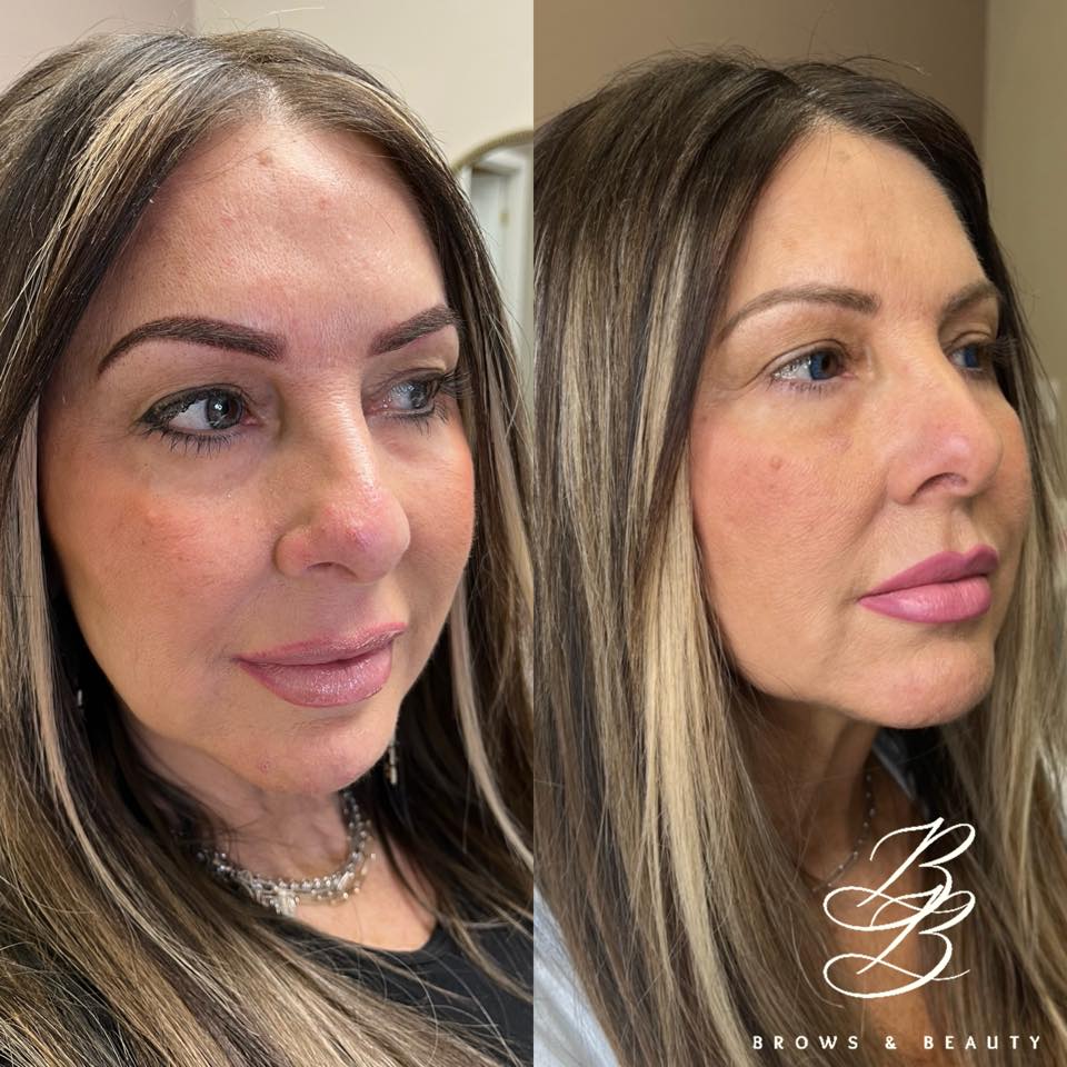 Before and after comparison of a client’s brows enhanced using Navajo Brown pigment from the Li Pigments Aqua collection, work by PMU artist Kristen Thomas at Brows & Beauty showing warm-to-neutral brown healed results and improved symmetry.