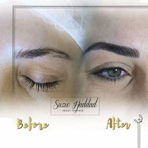 Before and after image showing brow transformation using Navajo Brown pigment from the Li Pigments Aqua collection, work by PMU artist Suzie Haddid demonstrating natural tone retention and smooth color transition.