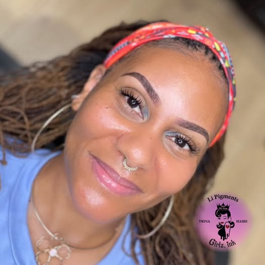 Client showcasing healed results using Navajo Brown pigment from the Li Pigments Aqua collection, work by PMU artist Trina Haire for Girlz Ink. The pigment delivers rich, warm brown tones that complement medium to deep skin tones beautifully