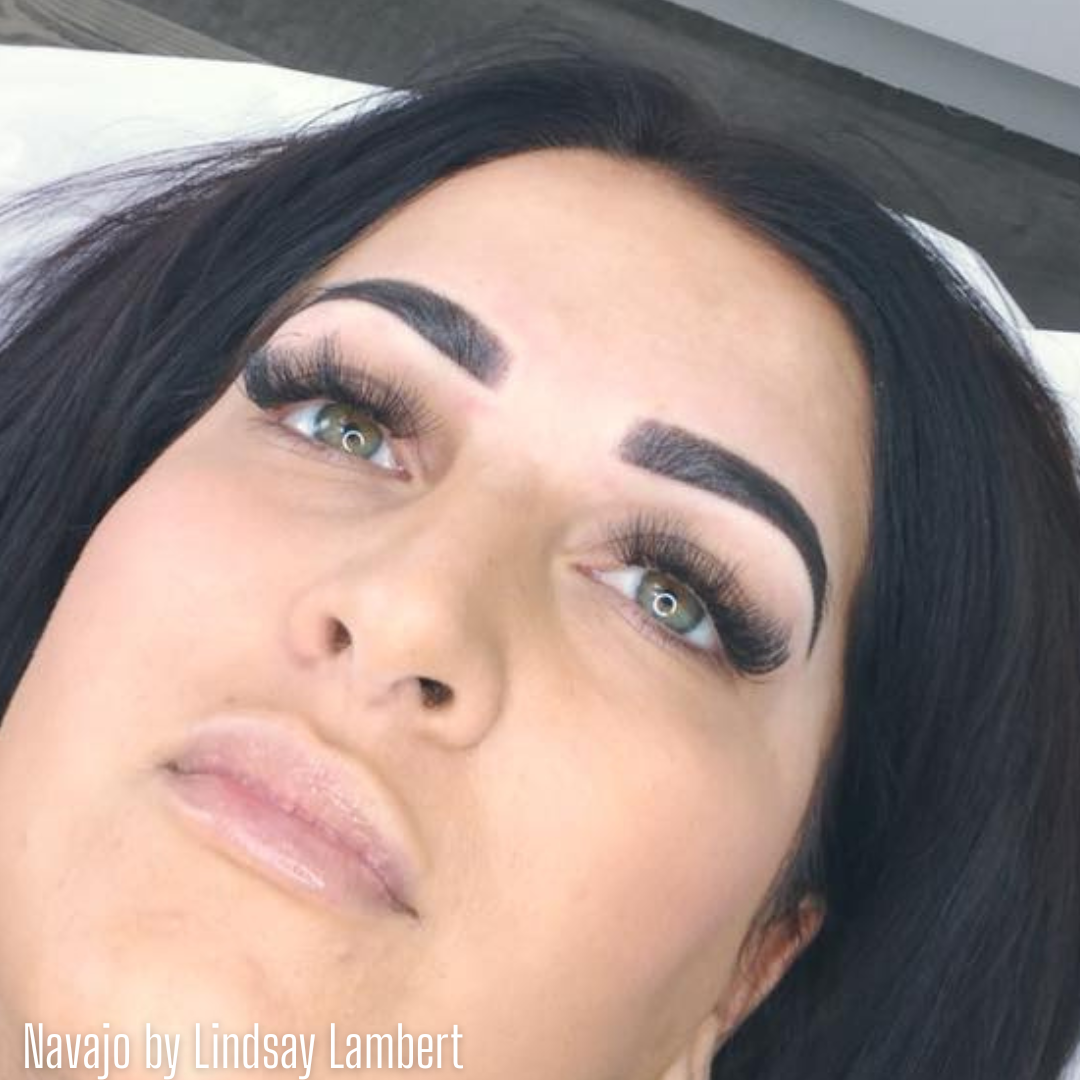 Close-up of healed brows created using Navajo pigment from the Li Pigments Aqua collection, work by Lindsay Lambert showing bold, even color saturation and cool-to-neutral brown tones ideal for defined permanent makeup brows.