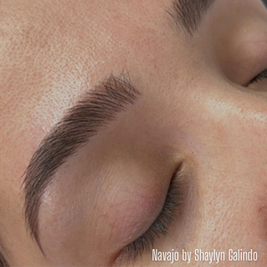 Close-up of a healed eyebrow created using Navajo pigment from the Li Pigments Aqua collection, work by PMU artist Shaylyn Galindo showing smooth implantation, natural color retention, and soft neutral brown tone ideal for permanent makeup brows.