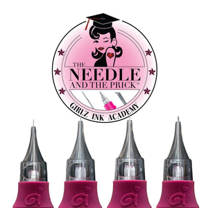 The Needle & The Prick PMU needle bundle displayed with the Girlz Ink Academy logo above four cartridge needles, highlighting permanent makeup needle training and supplies.