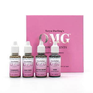 Teryn Darling’s OMG Brow Pigments set featuring four PMU pigment bottles displayed in front of the pink OMG Brow Pigments box on a white background.