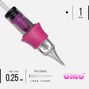 OMG PMU 0801RL 1 pin needle cartridge with 0.25mm polished long taper tip.