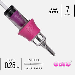 Close-up of OMG permanent makeup 7 curved magnum needle cartridge featuring 0.25mm polished long taper pins for shading.