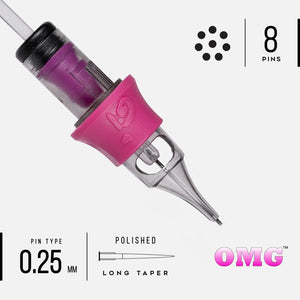 OMG PMU 8RS round shader needle cartridge with 0.25mm polished long taper pins shown front and side view.