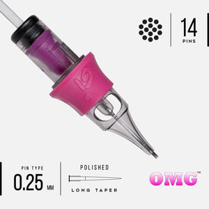 OMG PMU 14RS cartridge needle with 0.25 mm pins, polished long taper, for permanent makeup shading.