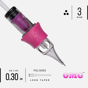 Close-up of OMG PMU 3RS 0.30mm polished long taper cartridge needle with three pins for PMU procedures.