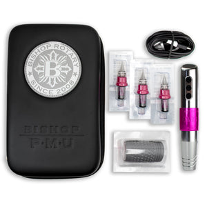 Bishop PMU OMG Wand wireless tattoo machine set with pen, needle cartridges, grip, charging cable, and Bishop PMU travel case, displayed on white background.