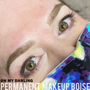 Healed eyebrow tattoo results created with Oh My Darling pigment by Tara Thomason, shown on light skin with soft, natural brow definition.